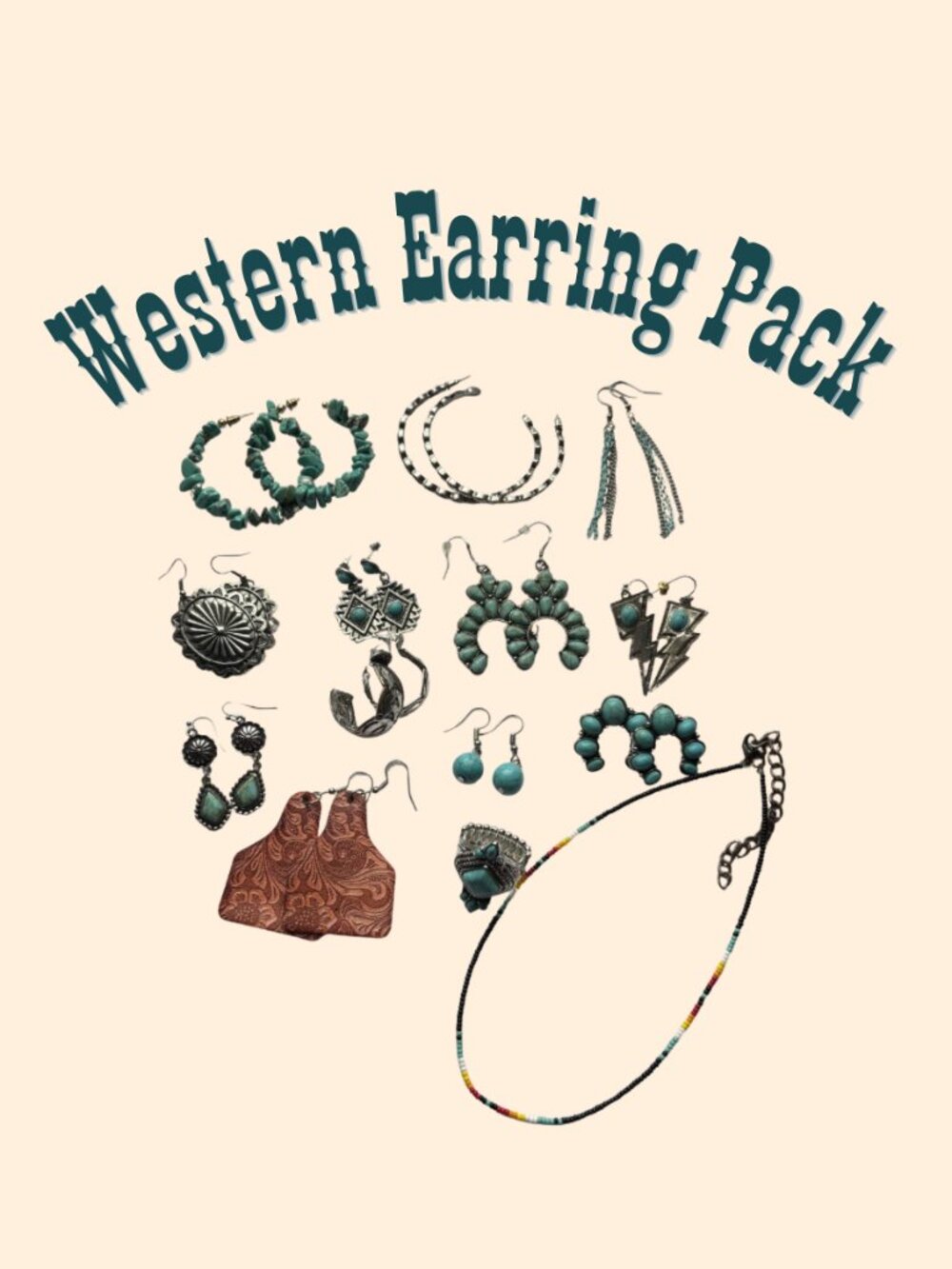 Western Faux Turquoise Jewelry Lot 14-Piece Set Earrings Ring Necklace Set